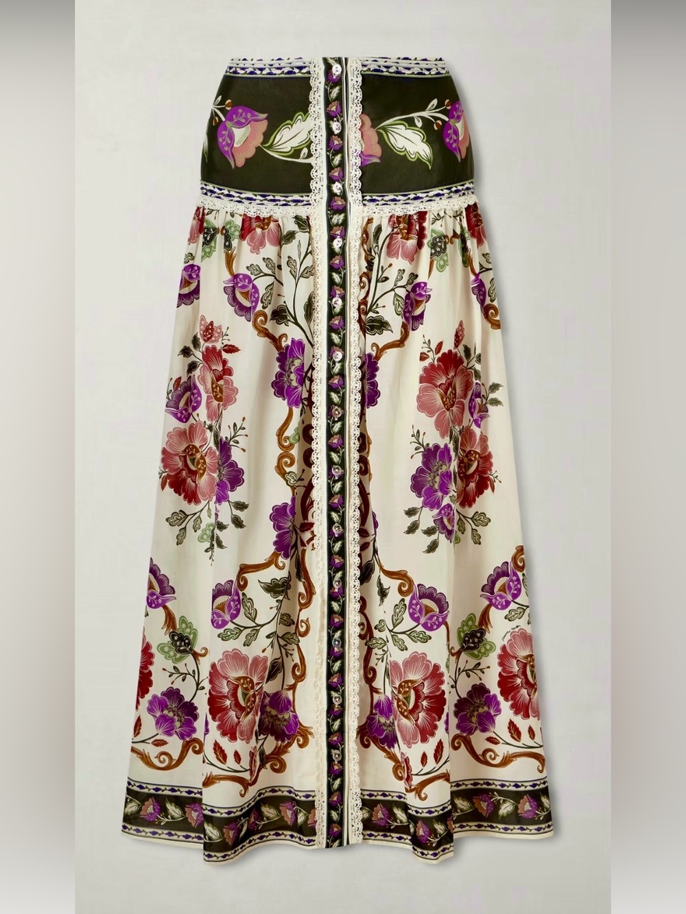 FARM Rio Rococo Floral Midi Maxi Cream Skirt with Trim Detail - Sz S NWT
